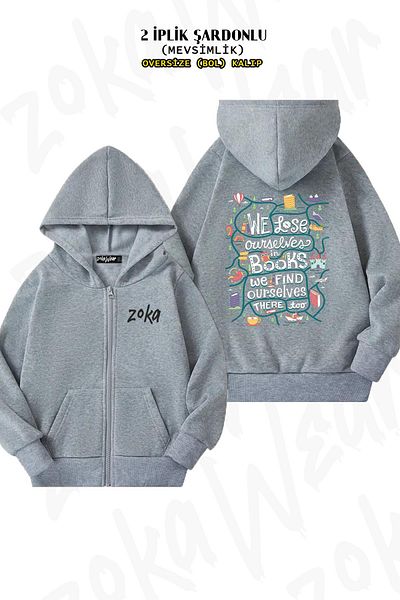 ZOKAWEAR Oversize Γκρι Ζακέτα με κουκούλα - Πίσω στάμπα, Φερμουάρ, 2 Κλωστές