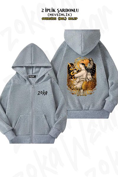 ZOKAWEAR Oversize Pallas Athena πίσω με στάμπα με φερμουάρ και κουκούλα γκρι ζακέτα (2 κλωστές)