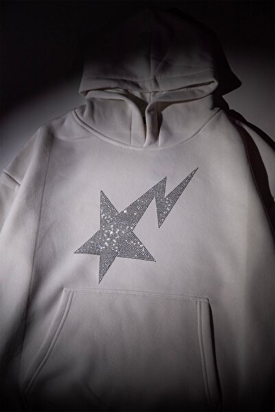 Sekizbiraltı Shining Star Stone Print Oversize Unisex Premium White Hoodie
