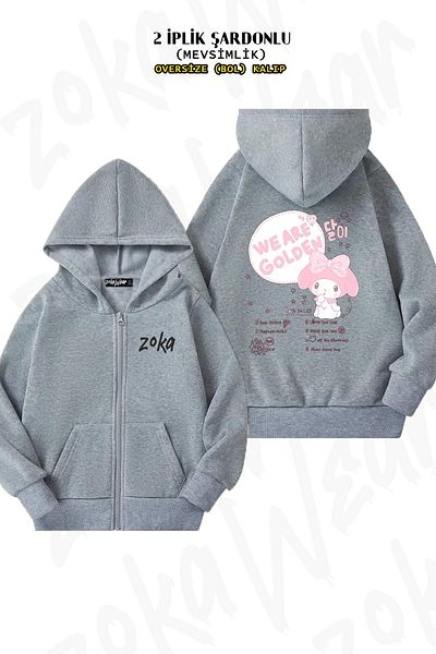 ZOKAWEAR Oversize We Are Golden Back Printed με φερμουάρ και κουκούλα γκρι ζακέτα (2 κλωστές)