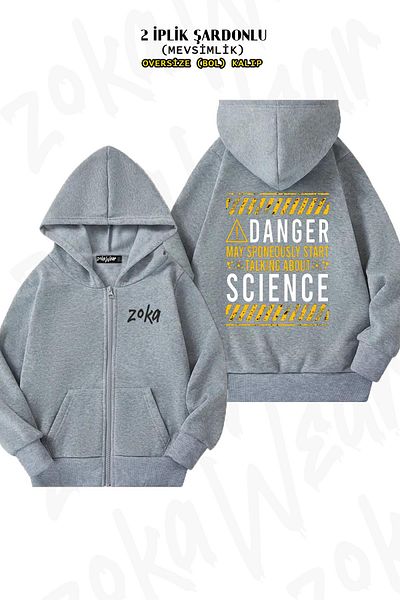ZOKAWEAR Oversize Science Dangerous Back Printed με φερμουάρ και κουκούλα γκρι ζακέτα (2 κλωστές)