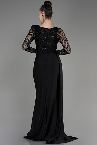 Efelif Black Silvery Long Sleeve Slit Evening Dress Abu39801