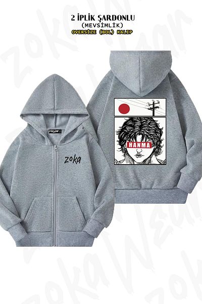 ZOKAWEAR Μοτίβο Anime Hanma Baki - Γκρι ζακέτα με φερμουάρ και κουκούλα (2 νήματα)