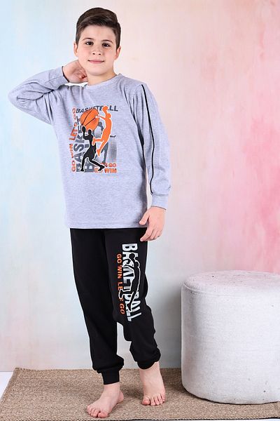 KAPİKİDS Men's Interlock Pajamas Set with Long Sleeve Crew Neck Gray Melange Color Basketball