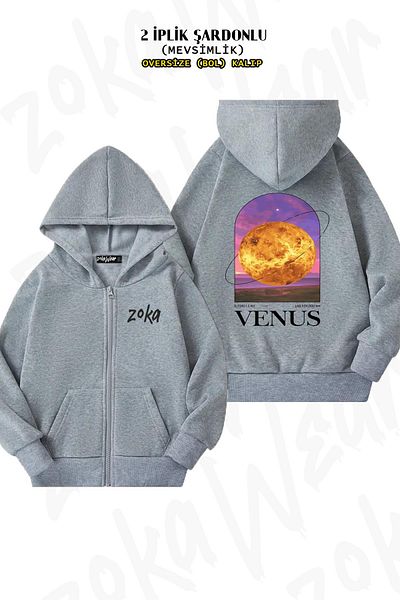 ZOKAWEAR Venus Planet Pattern - Πίσω στάμπα, γκρι ζακέτα με κουκούλα με φερμουάρ (2 κλωστές)