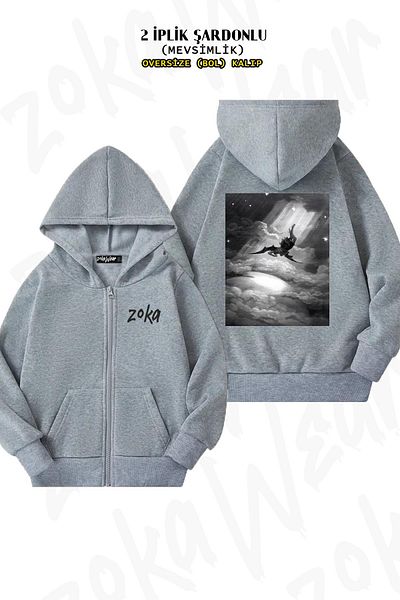 ZOKAWEAR Γκρι υπερμεγέθη ζακέτα με στάμπα Gustave Dore - με φερμουάρ και κουκούλα (2 κλωστές)