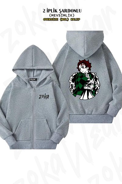 ZOKAWEAR Demon Slayer Tanjiro Kamadoo - Back Printed Grey Oversize Cardigan (2 νήματα)