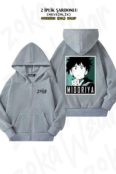 ZOKAWEAR Oversize My Hero Academia Izuku Midoriya x2 Πίσω στάμπα με φερμουάρ και κουκούλα γκρι ζακέτα (2 κλωστές)