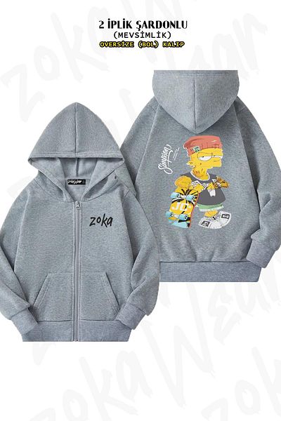 ZOKAWEAR Oversize Bart Simpson με στάμπα με φερμουάρ και κουκούλα γκρι ζακέτα (2 κλωστές)