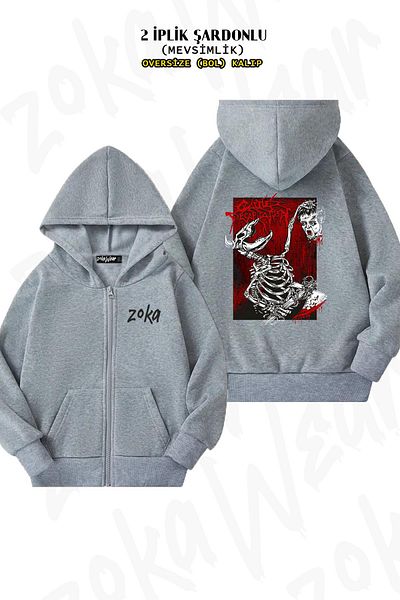ZOKAWEAR Oversize Cattle Decapitation Frankenstein Head Back Printed Hoodie με φερμουάρ Γκρι ζακέτα (2 κλωστές)
