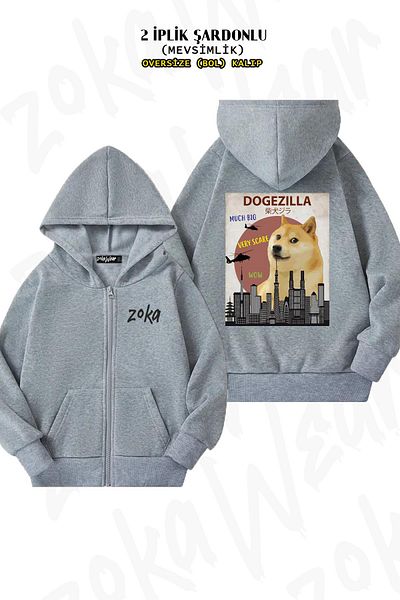 ZOKAWEAR Dogezilla Printed Oversize Grey Cardigan - Φερμουάρ και κουκούλα (2 κλωστές)