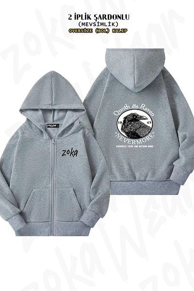 ZOKAWEAR Quoth The Raven Nevermore Oversize Grey Cardigan - Back Printed, Hoodie με φερμουάρ (2 κλωστές)