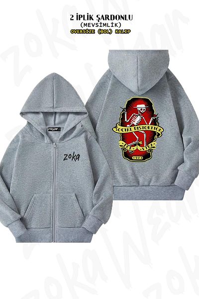 ZOKAWEAR Oversize Social Distortion3 Πίσω στάμπα με φερμουάρ και γκρι ζακέτα (2 κλωστές)