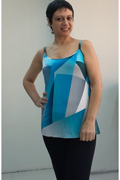 Mertcan Butik Blue Black and White Print String Strap Combed Cotton Viscose T-Shirt