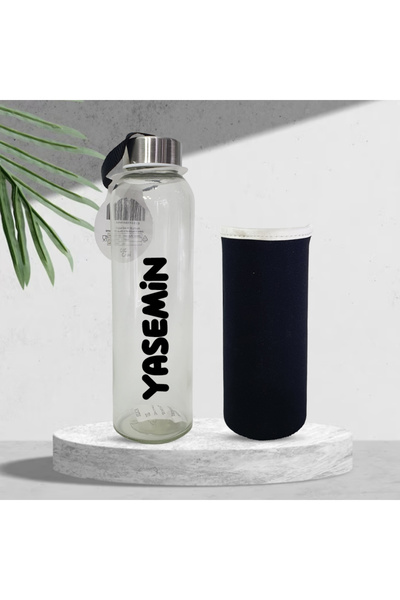 Hediye Kesesi Kişiye Özel Siyah Kılıflı Cam Matara 500 ml HK2671