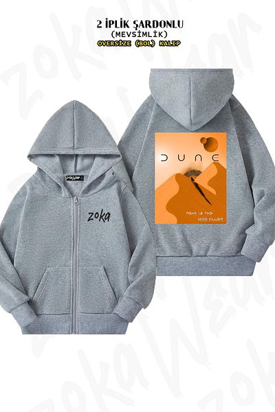 ZOKAWEAR Oversize Dune Arrakis Fear Is The Mind Killer Back Printed Zipper Hooded Grey Cardigan (2 κλωστές)