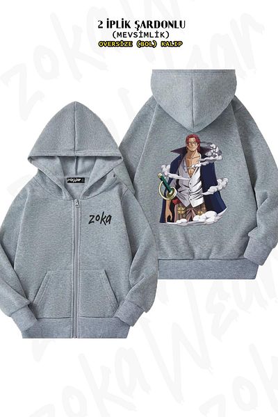 ZOKAWEAR One Piece Shanks Pattern - Γκρι ζακέτα με φερμουάρ και κουκούλα (2 κλωστές)