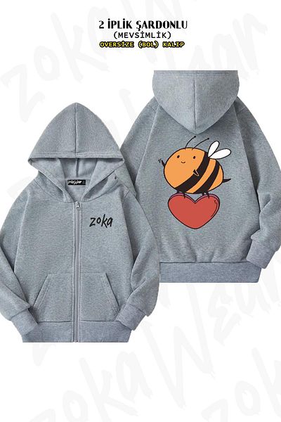 ZOKAWEAR Υπερμεγέθη Cute Heart Bee Back Printed με φερμουάρ και κουκούλα γκρι ζακέτα (2 κλωστές)