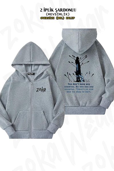 ZOKAWEAR Oversize Thors, Vinland Saga Back Printed Zipper Hooded Grey Cardigan (2 νήματα)