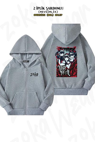 ZOKAWEAR Oversize Baby Metal Design Πίσω στάμπα με φερμουάρ και κουκούλα γκρι ζακέτα (2 κλωστές)