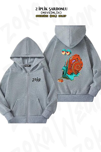 ZOKAWEAR Oversize Confused Snail Back Printed Zipper Hooded Grey Cardigan (2 νήματα)
