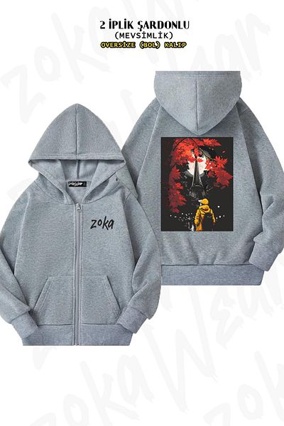 ZOKAWEAR Ζακέτα με γκρι κουκούλα Oversize - Πίσω στάμπα, με φερμουάρ (2 κλωστές)
