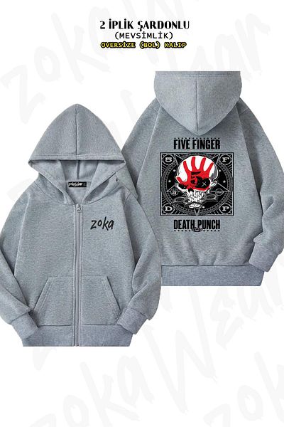 ZOKAWEAR Oversize Logo V2 Five Finger Death Punch Back Τυπωμένη με φερμουάρ με κουκούλα γκρι ζακέτα (2 κλωστές)