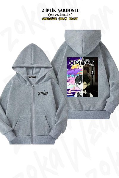ZOKAWEAR Oversize Omori Special Back Printed Zipper Hooded Grey Cardigan (2 κλωστές)