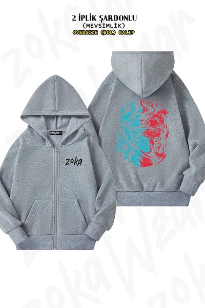 ZOKAWEAR Υπερμεγέθη Naruto Character Back Printed Zipper Hooded Grey Cardigan (2 νήματα)