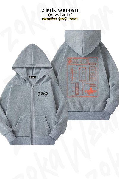 ZOKAWEAR Discovery Communicator Schematics Pattern - Hoodie, γκρι ζακέτα με φερμουάρ (2 κλωστές)