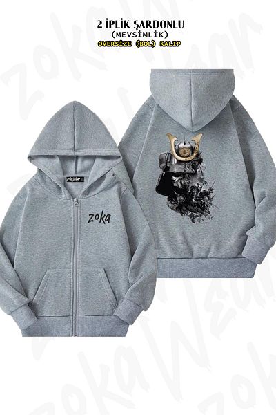 ZOKAWEAR Samurai Bushido Pattern - Γκρι ζακέτα με φερμουάρ και κουκούλα (2 κλωστές)