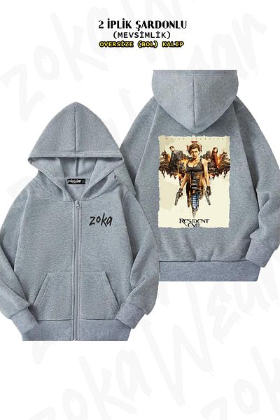 ZOKAWEAR Oversize Resident Evil Back Printed με φερμουάρ και κουκούλα γκρι ζακέτα (2 κλωστές)