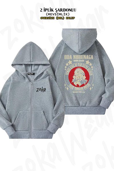 ZOKAWEAR Oda Nobunaga Demon Archer Pattern - Γκρι ζακέτα με φερμουάρ και κουκούλα (2 κλωστές)