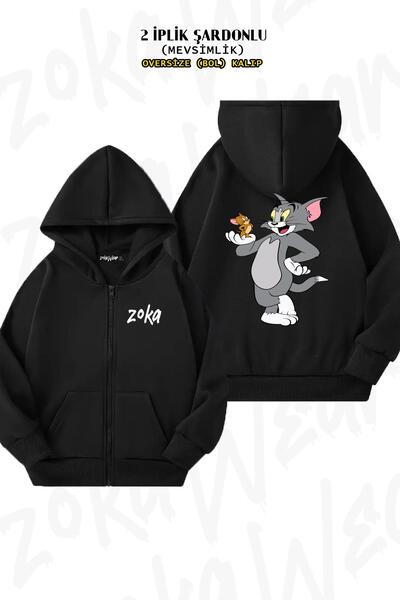 ZOKAWEAR Tom and Jerry Print - Black Cardigan with Zipper and Hood (2 Thread)