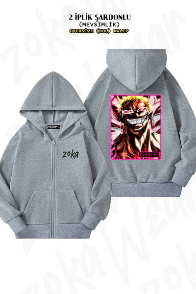 ZOKAWEAR Doflamingo Donquixote Patterned - Γκρι Oversize Ζακέτα με φερμουάρ και κουκούλα (2 κλωστές)