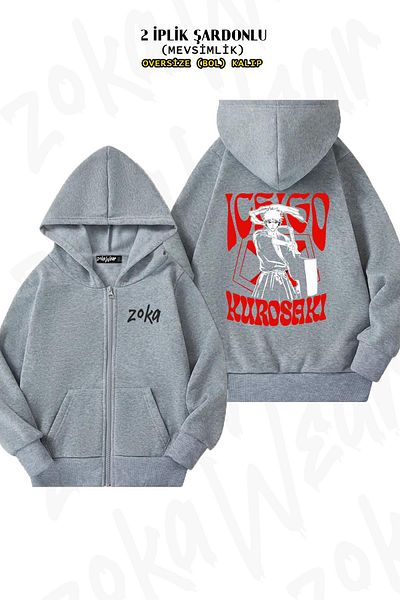 ZOKAWEAR Oversize Bleach Ichigo Kurosaki Πίσω στάμπα με φερμουάρ με κουκούλα γκρι ζακέτα (2 κλωστές)