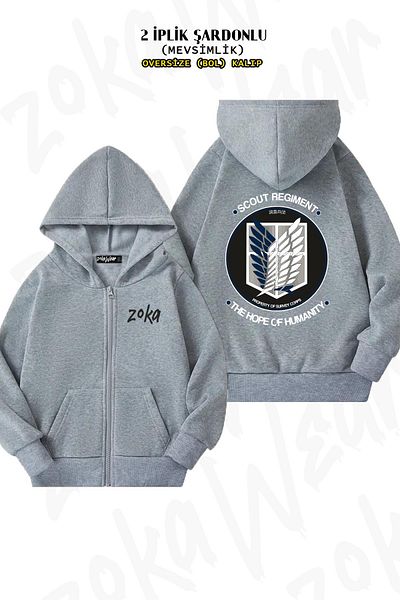 ZOKAWEAR Oversize Επίθεση σε σύμβολα Titan animee Πίσω στάμπα με κουκούλα με φερμουάρ Γκρι ζακέτα (2 κλωστές)