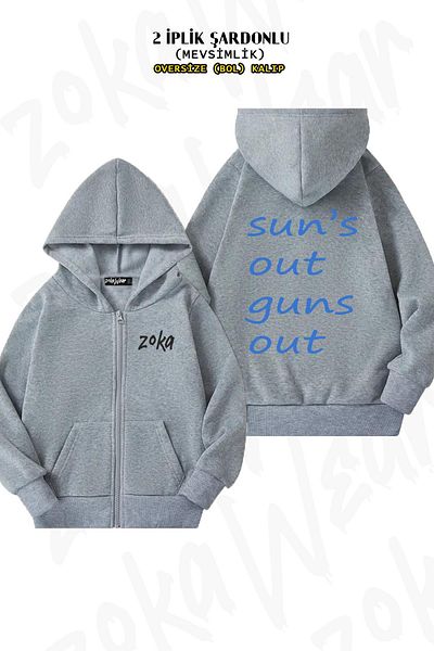 ZOKAWEAR Oversize Sun's Out Guns Out Back Printed Zipper Hooded Grey Cardigan (2 νήματα)