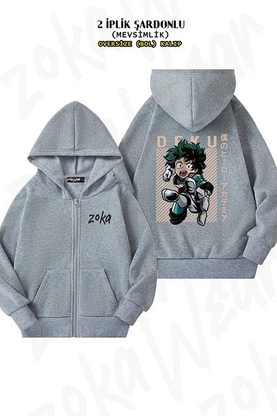 ZOKAWEAR Oversize My Hero Academia Izuku Midoriya Deku Πίσω στάμπα με φερμουάρ με κουκούλα γκρι ζακέτα (2 κλωστές)