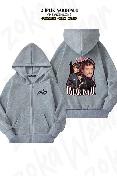 ZOKAWEAR Oscar Isaac Pedro Pascal Printed Grey Oversize Cardigan - Φερμουάρ και κουκούλα (2 κλωστές)