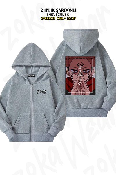 ZOKAWEAR Υπερμεγέθη Jujutsu Kaisen Sukuna Χαρακτήρας πίσω με στάμπα με φερμουάρ και κουκούλα γκρι ζακέτα (2 κλωστές)