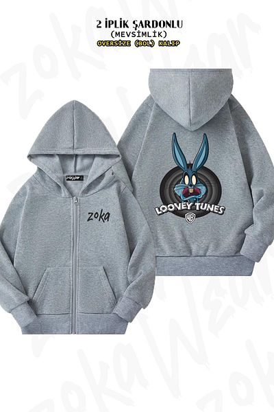 ZOKAWEAR Bugs Bunny Rabbit Pattern - Γκρι ζακέτα με κουκούλα με φερμουάρ (2 κλωστές)