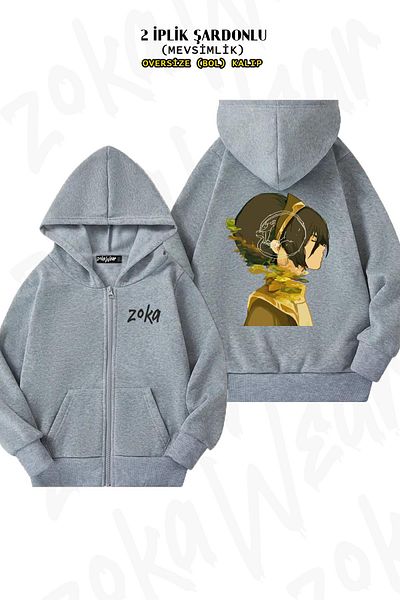 ZOKAWEAR Oversize Toph Beifong Back Printed Zippered Hooded Gray Cardigan (2 Thread)