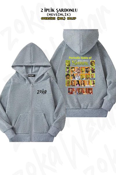 ZOKAWEAR Shrek Character Oversize Grey Cardigan - Πίσω στάμπα, φερμουάρ, κουκούλα (2 κλωστές)