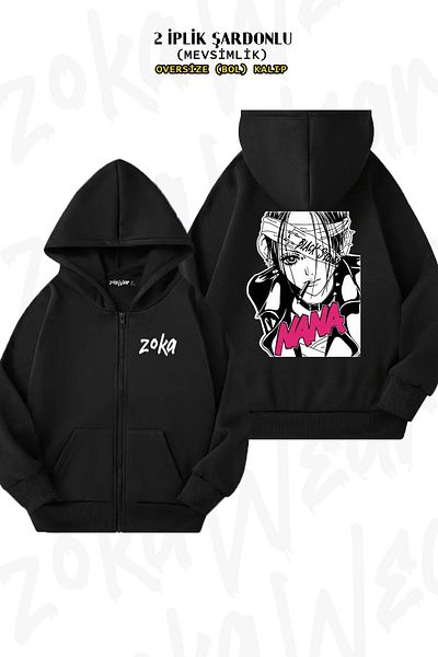 ZOKAWEAR Μοτίβο Anime Nana Osaki - Μαύρη υπερμεγέθη ζακέτα, φερμουάρ και κουκούλα (2 κλωστές)