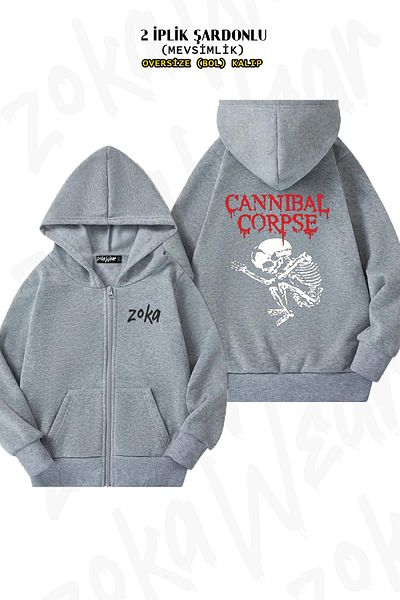 ZOKAWEAR Cannibal Corpse Oversize Grey Cardigan - Πίσω στάμπα, φερμουάρ, κουκούλα (2 κλωστές)