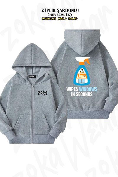 ZOKAWEAR Linux Windows Cleaner Printed - Γκρι ζακέτα με φερμουάρ και κουκούλα (2 νήματα)