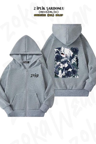 ZOKAWEAR Helluva Boss Loona v3 - Γκρι ζακέτα με φερμουάρ και κουκούλα (2 κλωστές)