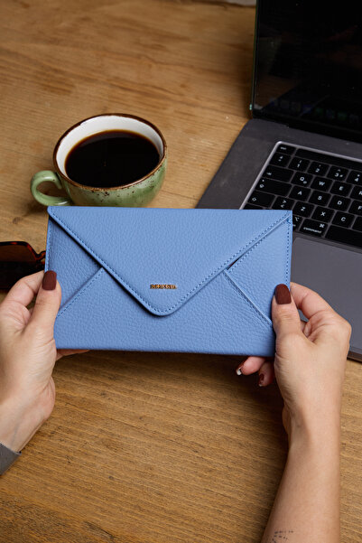 REWİNA 9755 Справжня шкіра Спеціальний дизайн Магнітний Великий конверт Жіночий гаманець Блакитний