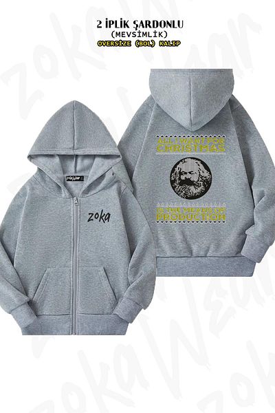 ZOKAWEAR Karl Marx Ugly Christmas Print - Γκρι ζακέτα με φερμουάρ και κουκούλα (2 κλωστές)